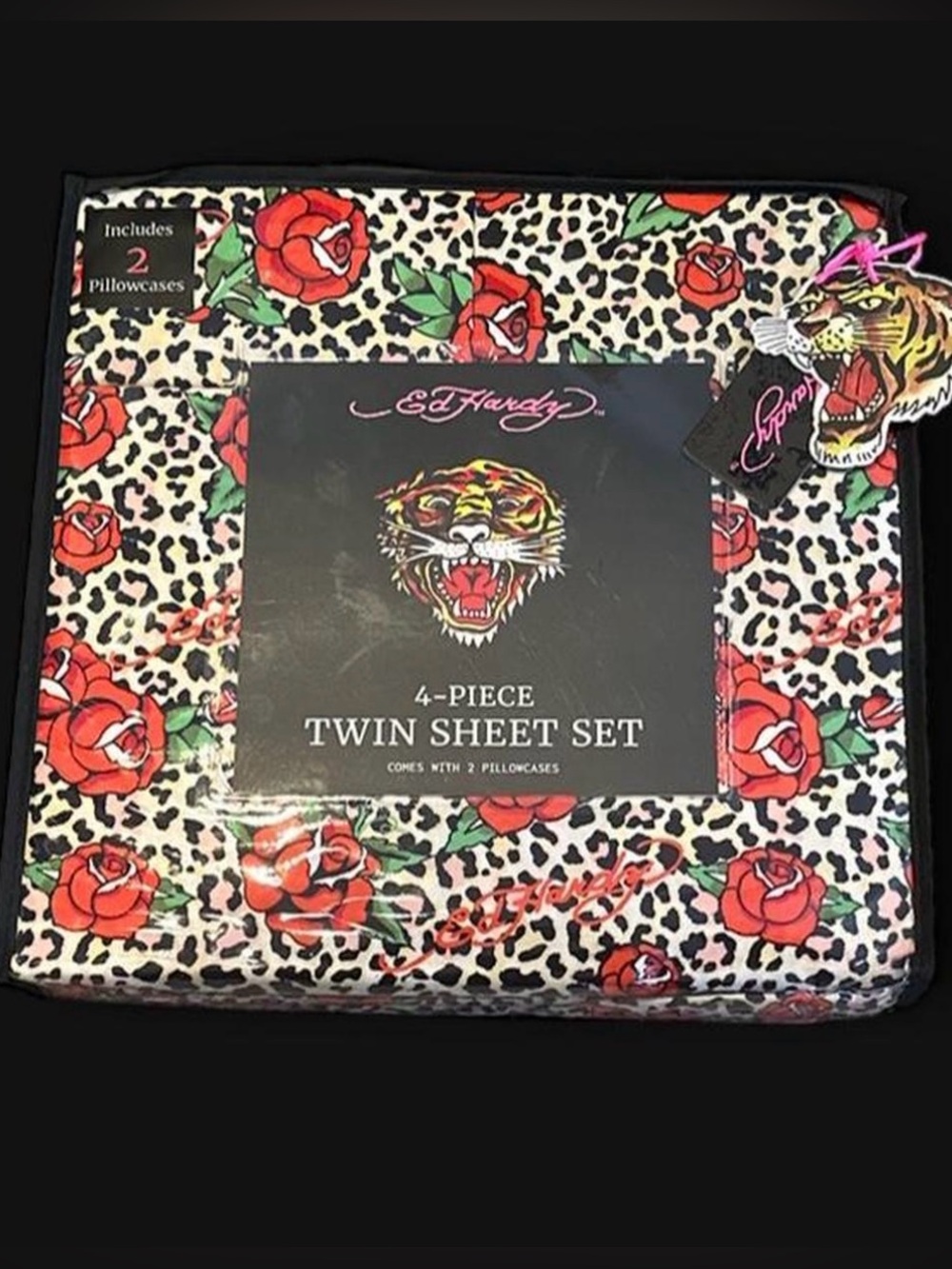 Ed Hardy 4 Piece Twin Sheet Set Rose Leopard New